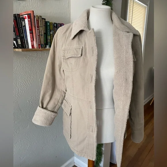 Vtg Y2K Braetan Tan Utility Gorpcore Sherpa Trim Barn Chore Coat Canvas Jacket M - Picture 9 of 12